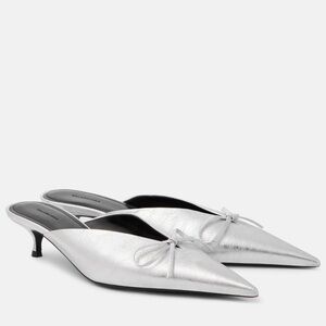 NWOT BALENCIAGA Knife Bow Metallic Leather Mules Size 37 Kitten Heels Silver